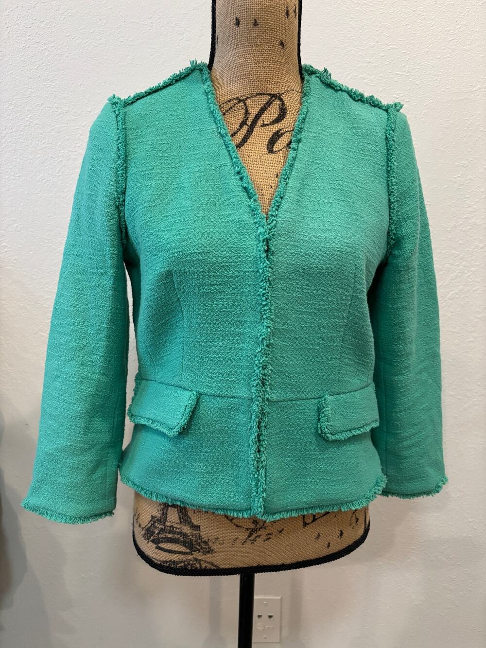 Ann Taylor Fringe Tweed Cardigan Jacket Green Women’s Size 6 Petites